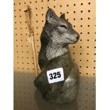 CARVED STONE FIGURE OF A FOX/COYOTE ENTITLED 'TRICKSTER' SIGNATURE INDISTINCT 18CM H