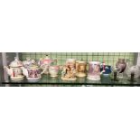 SHELF CONTAINING NOVELTY SADLERS TEAPOTS, ARTHUR WOODS CERAMIC MUGS,