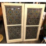 TWO STAINED GLASS LEADED LIGHTS IN WOODEN FRAMES 48CM X 110CM