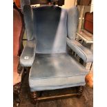 BLUE DRALON UPHOLSTERED WING ARMCHAIR