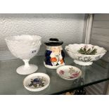 AU LAIT GLASS, PRESSED GLASS, EARL OF BEACONSFIELD COMMEMORATIVE PEDESTAL BOWL, CHELSEA CHINA BOWL,