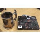 JAGUAR CAR MASCOT ON MARBLE STAND AND A JAGUAR PEWTER TANKARD