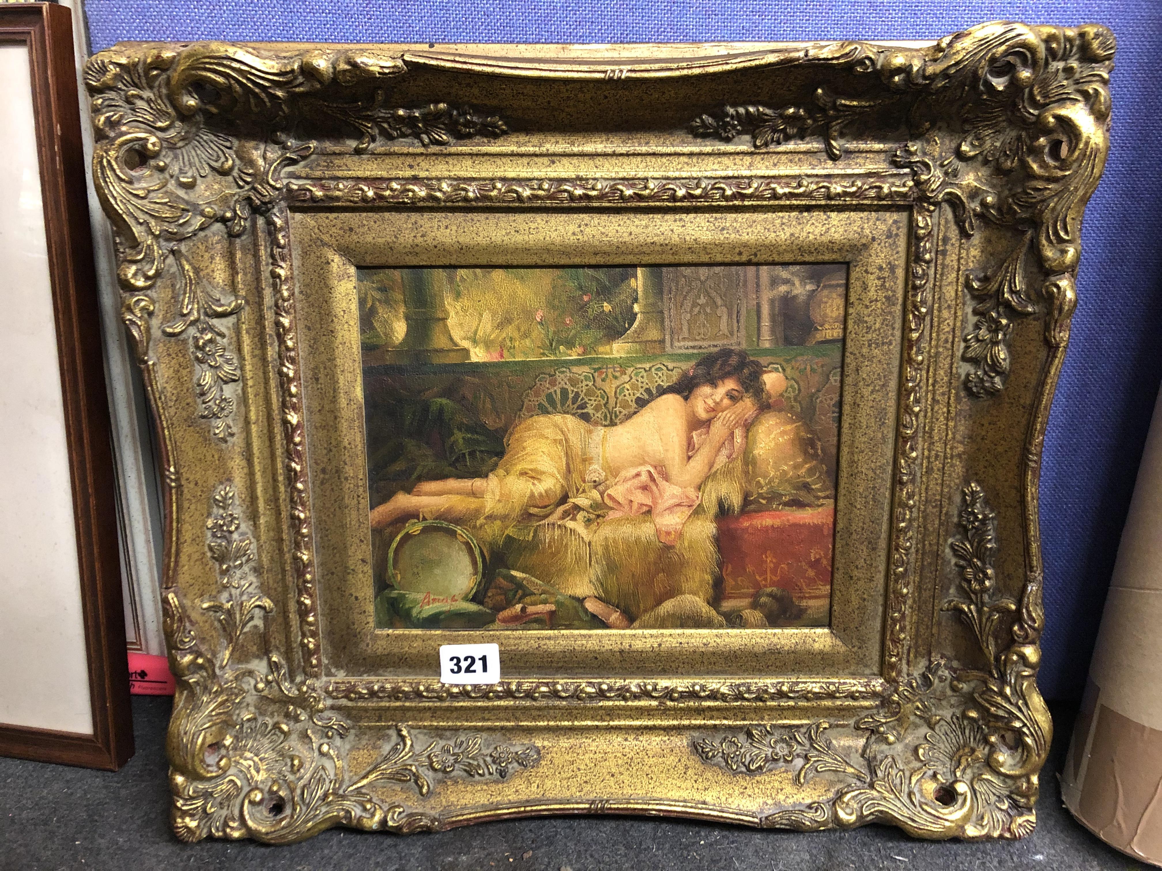 OILOGRAPH IN GILT FRAME OF A RECUMBENT FEMALE 24CM X 19CM