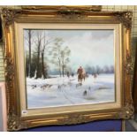 OIL ON CANVAS OF A SNOWY EQUESTRIAN HUNT SCENE IN A GILT FRAME 59CM X 49CM APPROX