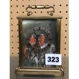 SWISS ACCTIM HUNSTMAN AND HOUNDS CARRIAGE CLOCK 9CM W X 7CM D X 11CM H