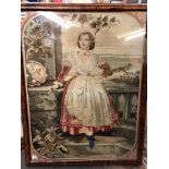 NEEDLEWORK EMBROIDERY OF A FEMALE FIGURE WITH ACANTHUS BORDER IN WALNUT FRAME A/F 65CM X 86CM