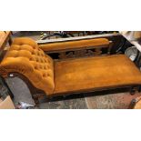 LATE VICTORIAN CARVED OAK SHOW FRAME BUTTON BACK UPHOLSTERED CHAISE LONGUE
