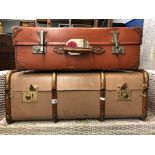 EARLY 20TH CENTURY BANDED CABIN TRUNK AND VINTAGE SPARTAN SUITCASE