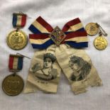 FOUR VICTORIAN GILT TOKENS AND VICTORIAN SILK COMMEMORATING QUEEN VICTORIA'S 60TH ANNIVERSARY