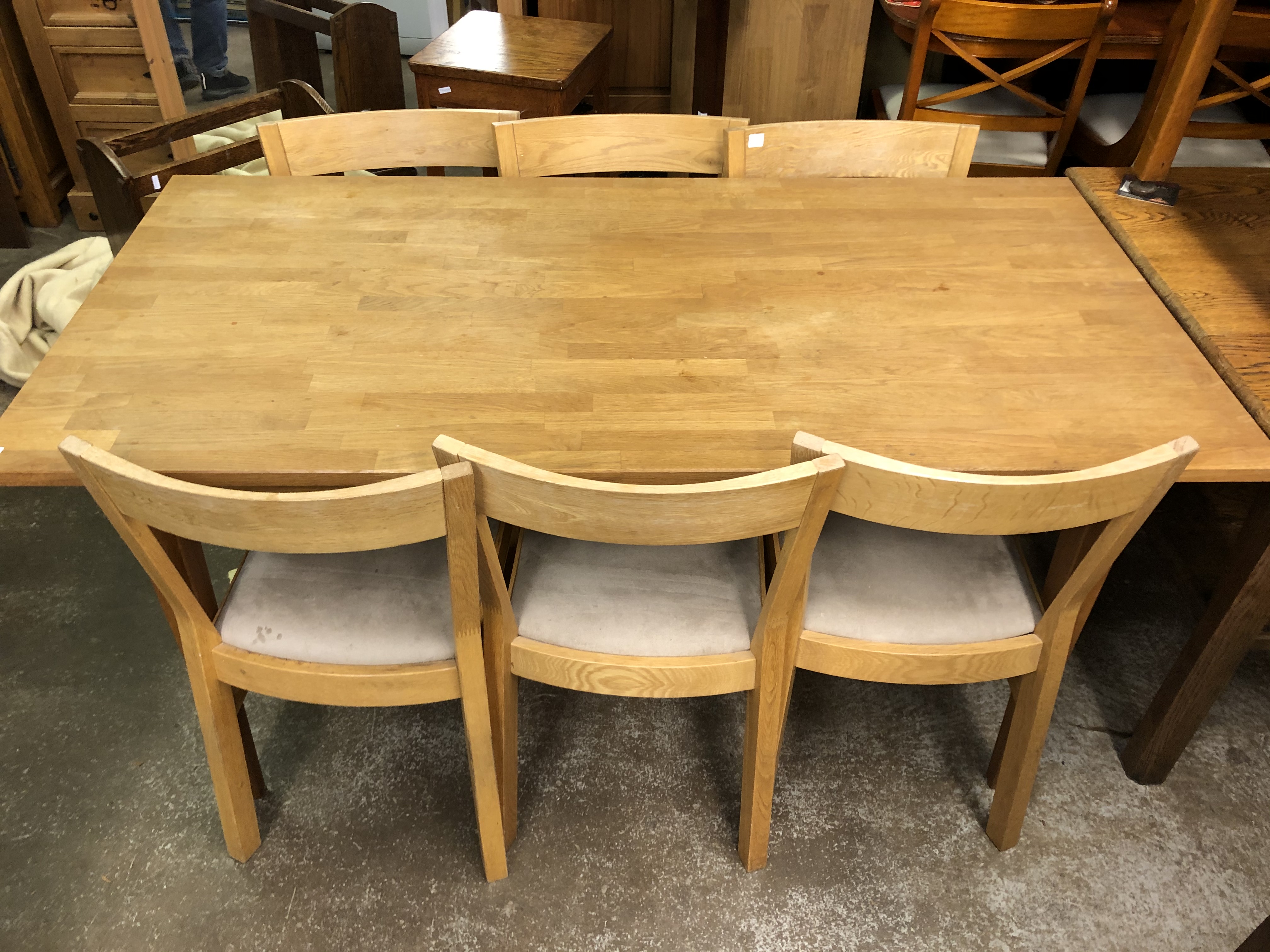 OAK DINING TABLE AND SIX CHAIRS 160CM W X 75CM H X 80CM D APPROX