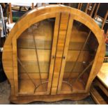 ART DECO WALNUT RISING SUN CIRCULAR DISPLAY CABINET - ONE PANE A/F AND ESCUTCHEON INCOMPLETE 120CM