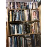 FOUR SHELVES OF MISCELLANEOUS, MAINLY HARDBACK BOOKS ON HISTORY, CINEMATIC, HORROR STORIES,