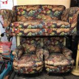 LATE VICTORIAN REUPHOLSTERED AUTUMNAL FLORAL FABRIC THREE PIECE SUITE