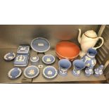 WEDGWOOD POWDER BLUE JASPERWARE PIN TRAYS, SQUARE SECTION TRINKET BOXES AND COVERS,