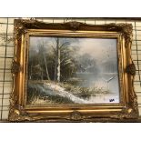 OIL ON BOARD OF A WINTER LAKE SCENE IN A GILT FRAME 39CM X 29CM APPROX