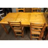 PINE OBLONG DINING TABLE WITH FOUR SEAGRASS STRUNG LADDERBACK CHAIRS 160CM W X 76CM H X 80CM D