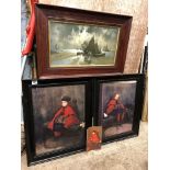 PAIR OF VICTORIAN PRINTS OF CHILDREN IN EBONISED FRAMES AND A VICTORIAN ESTUARY PRINT