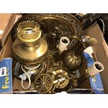 BOX CONTAINING BRASS ORNAMENTAL CANON, PAIR OF CORINTHIAN COLUMN TABLE LAMPS,