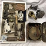 INTERESTING TRAY OF MISCELLANEOUS INCLUDING 18TH AND 19TH CENTURY KEYS, A BOXED WILKINSON RAZOR,