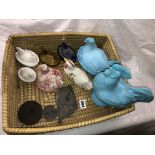 SELECTION OF AU LAIT AND PRESSED GLASS FRENCH AND ENGLISH HEN BASKETS AND A COCKEREL,