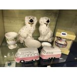 PAIR OF ROYAL DOULTON STAFFORDSHIRE SPANIELS, BOXED VILLEROY AND BOSCH RABBIT EGG BOX,