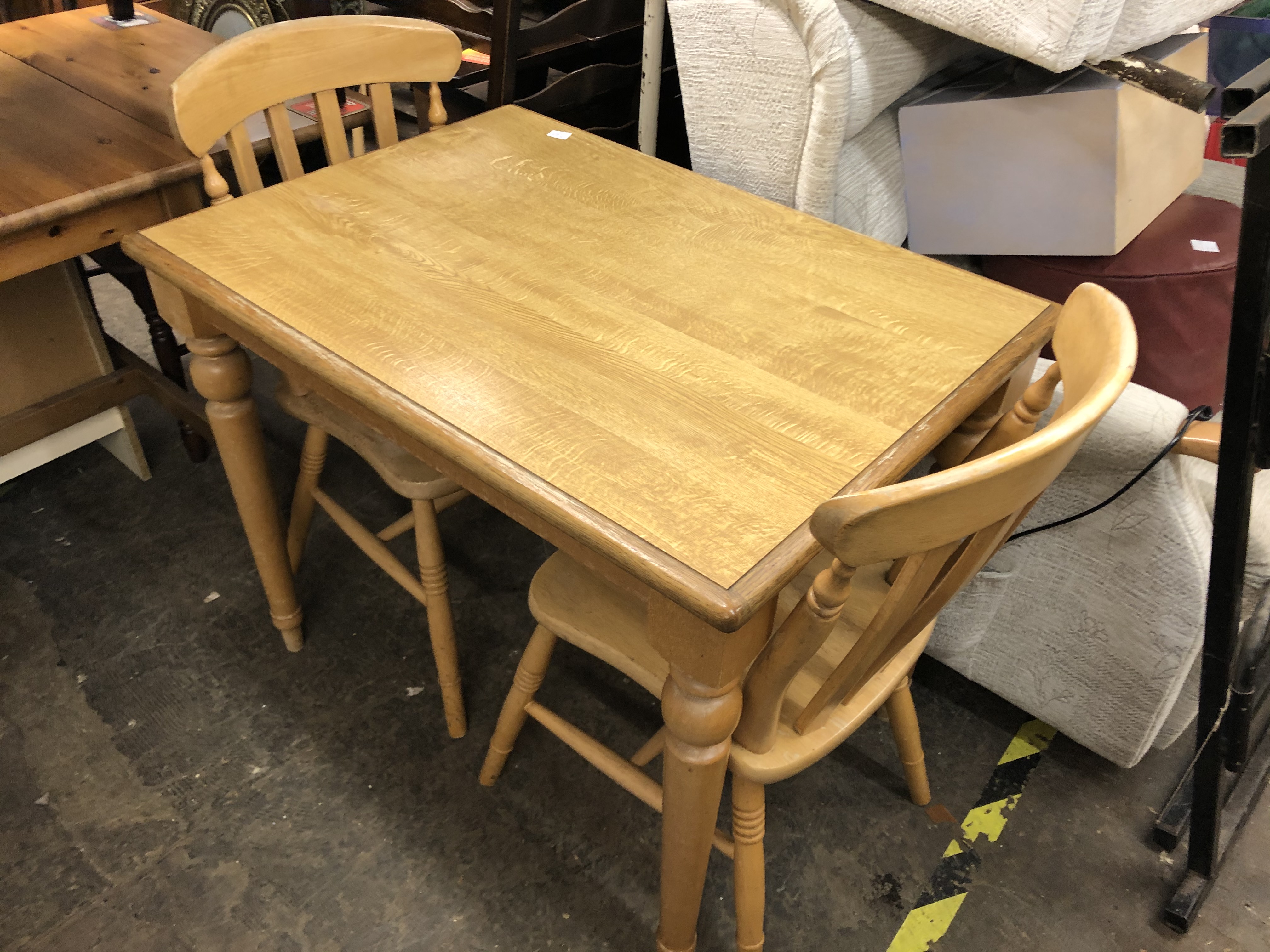 BEECH RECTANGULAR KITCHEN TABLE AND TWO SLATE BACK CHAIRS
