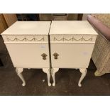 TWO PAIRS OF FRENCH STYLE CREAM PAINTED CABRIOLE BEDSIDE CABINETS