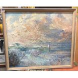 IMPRESSIONIST INFLUENCED OIL ON BOARD OF A FIGURE IN A LANDSCAPE 82 X 71CM