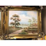CONTEMPORARY OIL ON BOARD OF A SUMMER LANDSCAPE IN GILT SWEPT FRAME BY C.