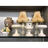 PAIR OF ALABASTER TABLE LAMPS, CAMPANA SHAPED VASE,