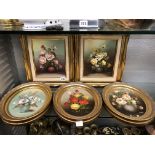 THREE OIL PAINTINGS OF STILL LIFE IN OVAL GILT FRAMES AND A PAIR IN GILT SWEPT FRAMES