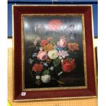 OILS ON BOARD STILL LIFE OF FLOWERS IN GILDED VELVET LINED FRAME 60CM X 50CM