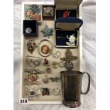 TRAY OF VARIOUS COSTUME JEWELLERY, ENAMEL BROOCHES, SILVER BANGLE,