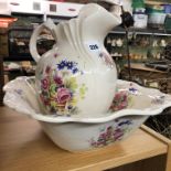 STAFFORDSHIRE FLORAL POTTERY WASH JUG AND BASIN