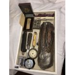 TRAY CONTAINING PEN KNIVES, VINTAGE CIGARETTE LIGHTERS, NUT CRACKERS, INLAID SMALL BOX.