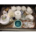 BOX CONTAINING ROYAL ALBERT BONE CHINA HAWORTH TEA SET, ROYAL CROWN DERBY SOLITAIRE,