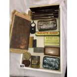 TRAY OF COPPER PRINTING PLATE, VINTAGE ADVERTISING TINS, 19TH CENTURY SNUFF BOX , SHEAFFER PEN SET,