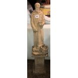 STONEWARE SQUARE SECTION PEDESTAL AND A FRIAR FIGURE 88CM H