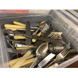 OAK CANTEEN OF PART CUTLERY AND A PLASTIC CRATE OF MISCELLANEOUS CUTLERY