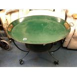 GREEN METAL OVAL GALLERY TRAY ON STAND