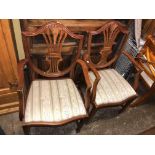 PAIR OF REPRODUCTION HEPPLEWHITE DESIGN MAHOGANY ELBOW DINING CHAIRS