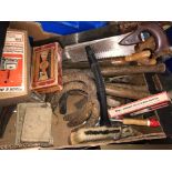 CARTON OF VARIOUS WOOD SAWS, HAND TOOLS, CORDLESS SCREWDRIVER, HORSESHOES, ETC.