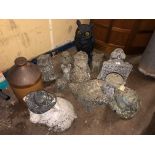 COLLECTION OF STONEWARE ANIMAL GARDEN PATIO FIGURES - OWLS, RABBITS, DUCK,