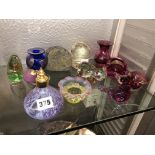 CRANBERRY GLASS PAPERWEIGHTS, VASELINE GLASS CRIMP DISH,