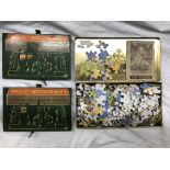 TWO ENAMEL METAL 1930S WILLS WOODBINES FOOTBALL GAMES AND A VINTAGE TIN CONTAINING A JIGSAW PUZZLE