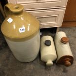 TWO STONEWARE HOT WATER BOTTLES AND NO.