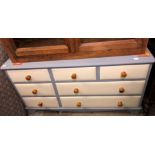 CREAM AND GREY PAINTED THREE OVER FOUR DRAWER LONG CHEST 135CM W X 46CM D X 74CM H