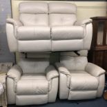 CREAM LEATHER TWO SEATER MANUAL RECLINING SOFA AND A PAIR OF MATCHING ELECTRIC RECLINING CHAIRS