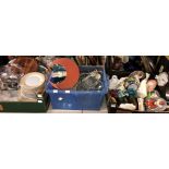 THREE BOXES OF ASSORTED CERAMICS INCLUDING DINNER SET, CARTON OF GLASSWARE, MANTEL CLOCK,