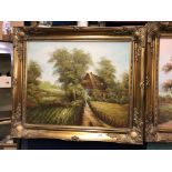 CONTEMPORARY OIL ON BOARD OF A FIGURE IN GARDEN LANDSCAPE IN GILT SWEPT FRAME SIGNATURE INDISTINCT